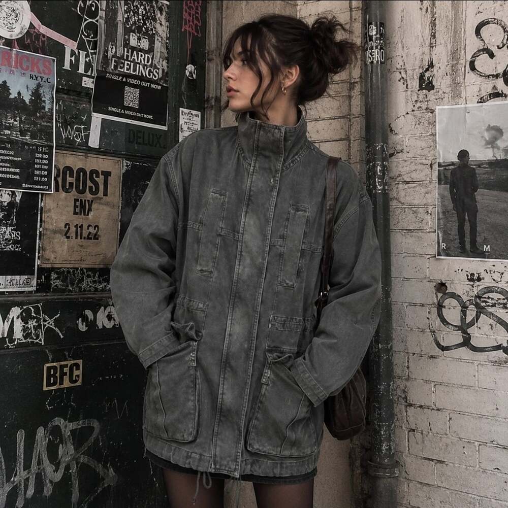 Zara Sz L Oversized Grey Denim Parka Jacket Distressed Grunge Hipster Coat